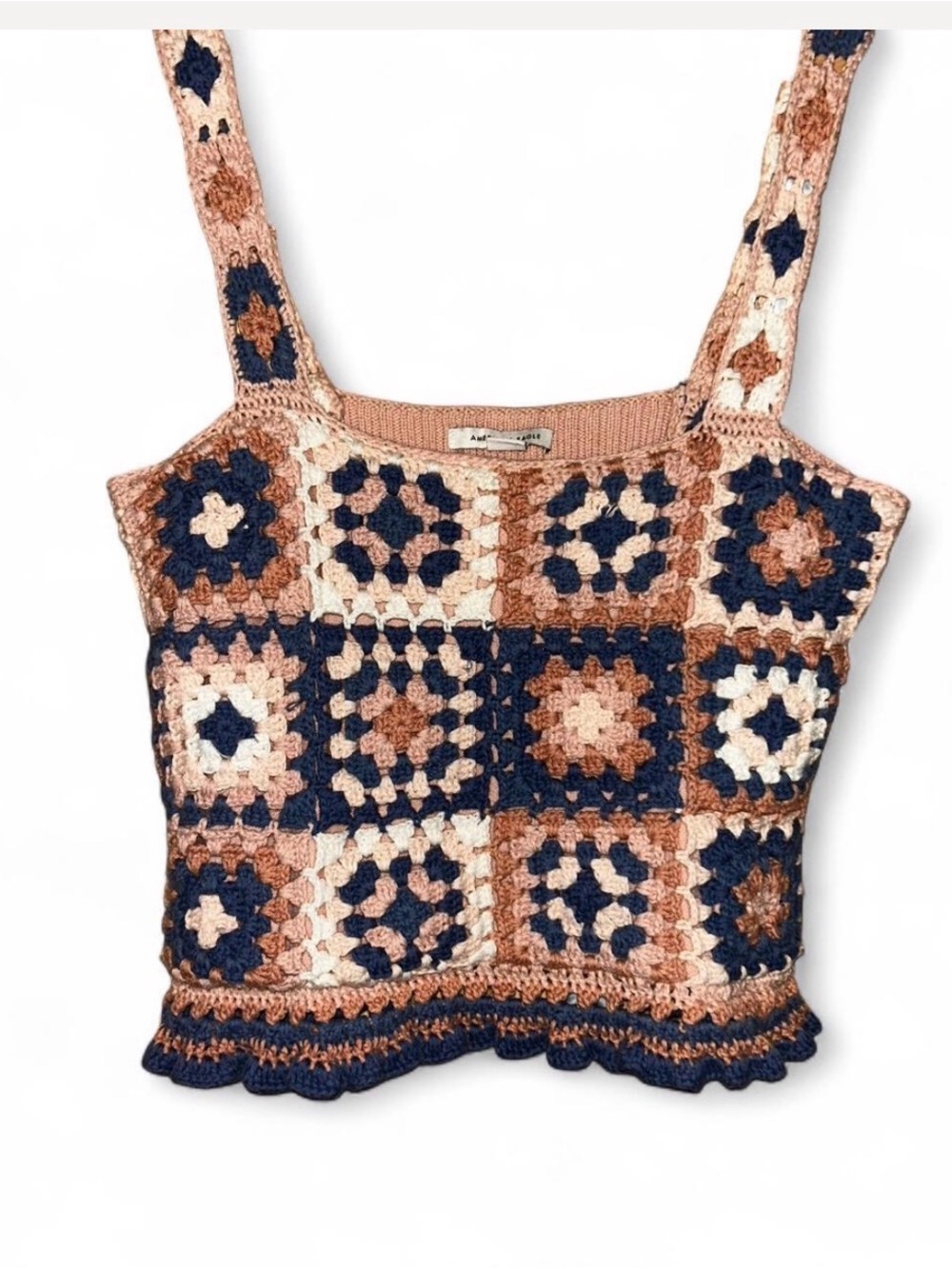 American Eagle Outfitters Crochet Square Tank - Navy, Cream & Brown